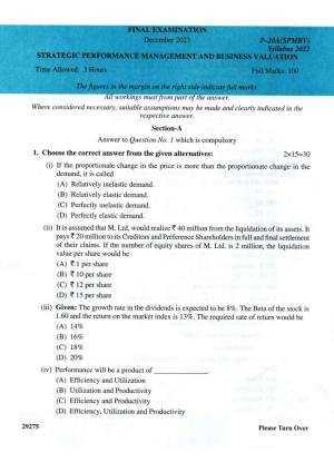 ICMAI Final December 2023 Question Paper - Strategic Performance Management And Business Valuation