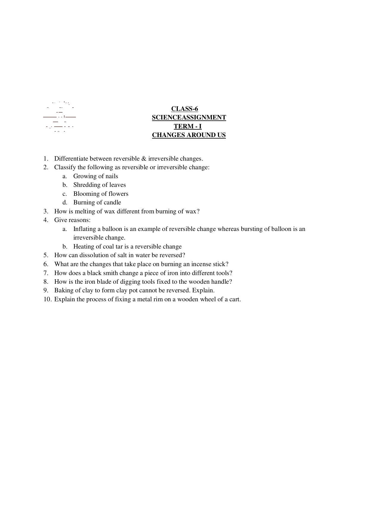 CBSE Worksheets for Class 6 Science Changes Around Us Assignment 4 - Page 1