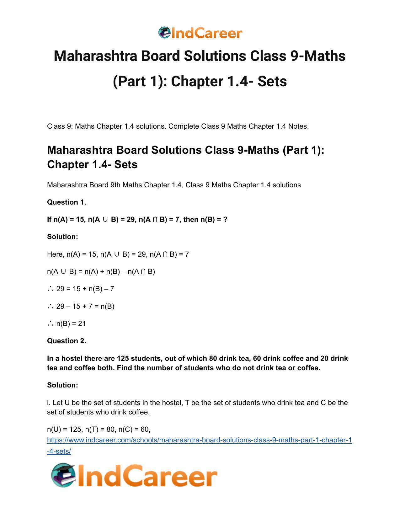 Maharashtra Board Solutions Class 9-Maths (Part 1): Chapter 1.4- Sets - Page 2