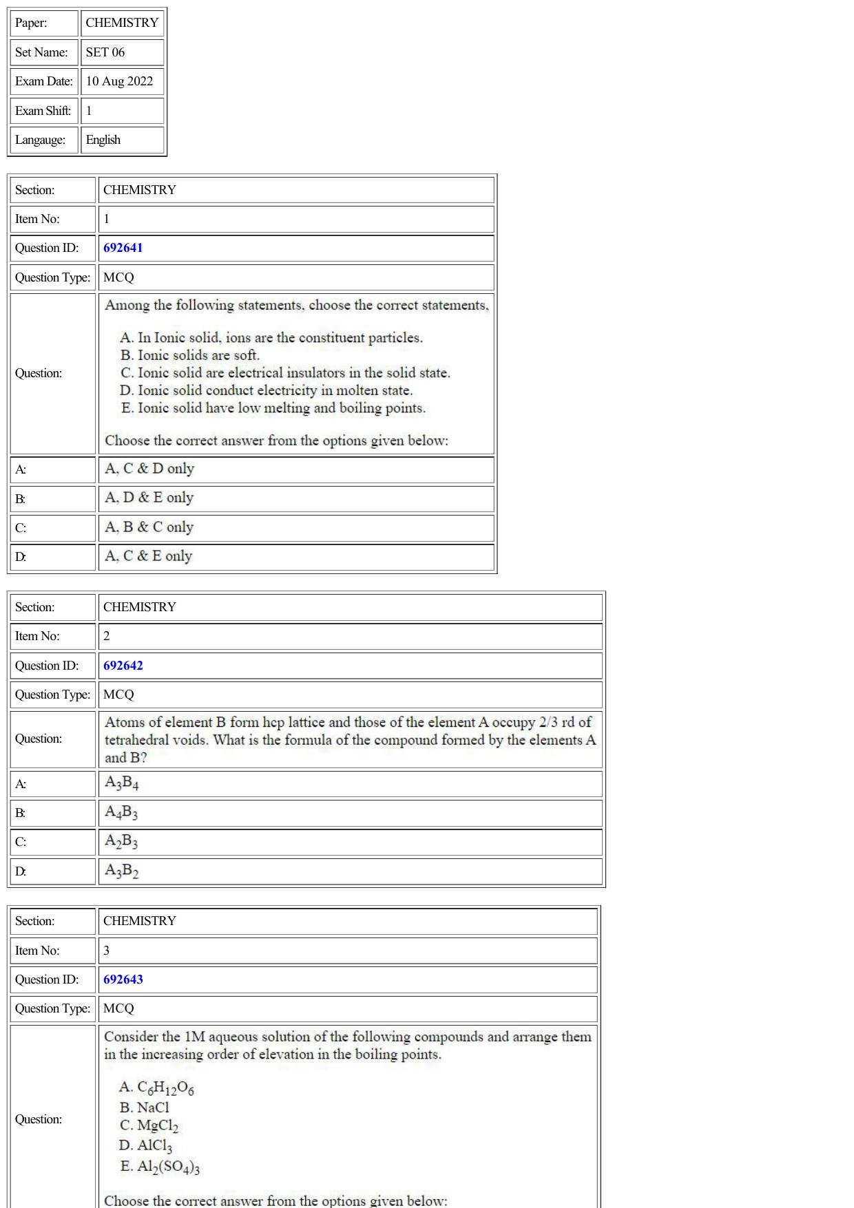 CUET 2022 Question Paper of Chemistry - Page 1