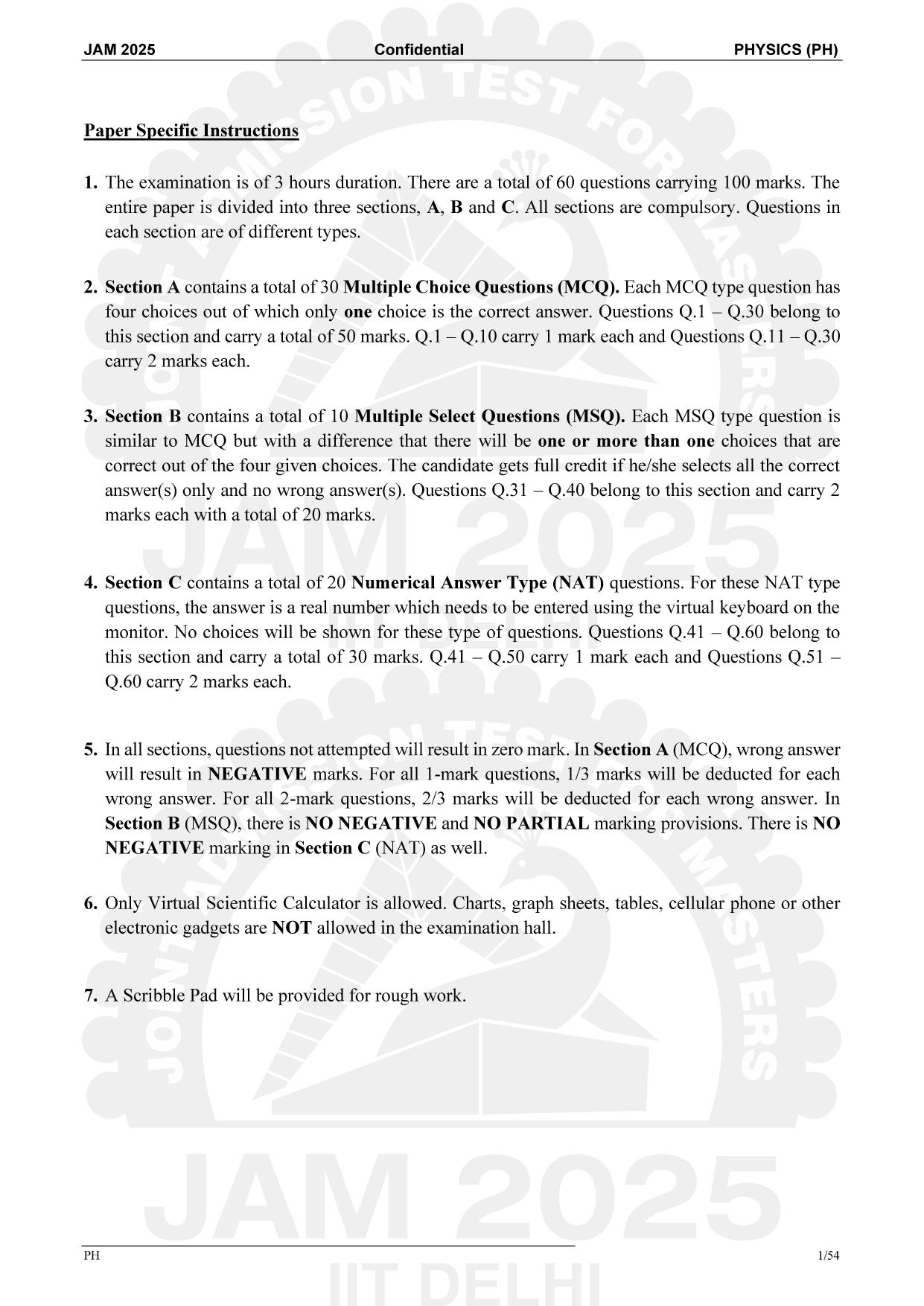 IIT JAM 2025 Physics (PH) Question Paper - Page 1