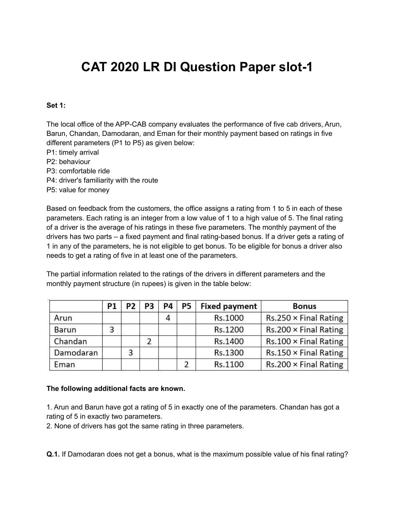 CAT 2020 CAT DILR Slot 1 Question Paper - Page 1