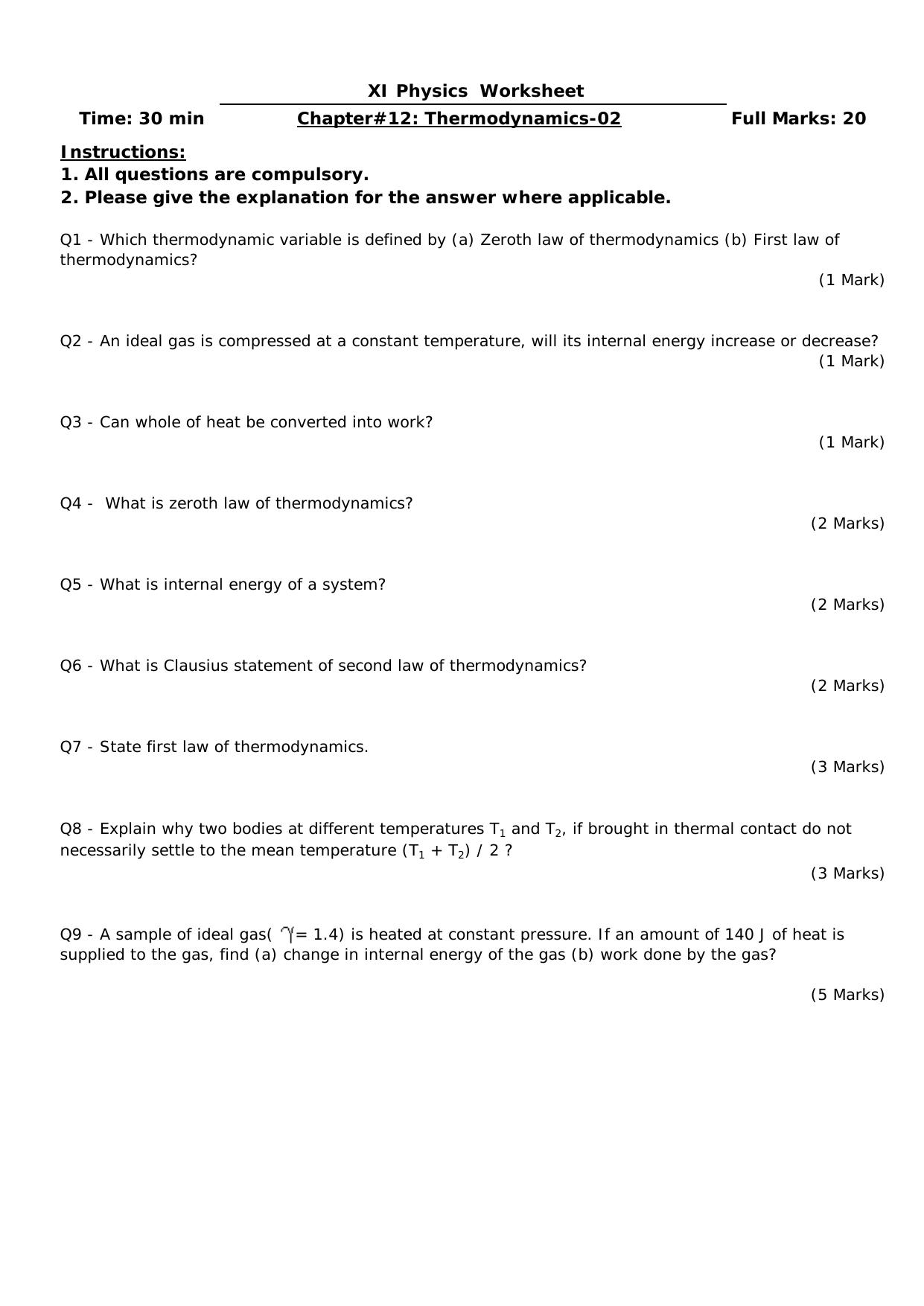 CBSE Worksheets for Class 11 Physics Thermodynamics 2 - Page 1