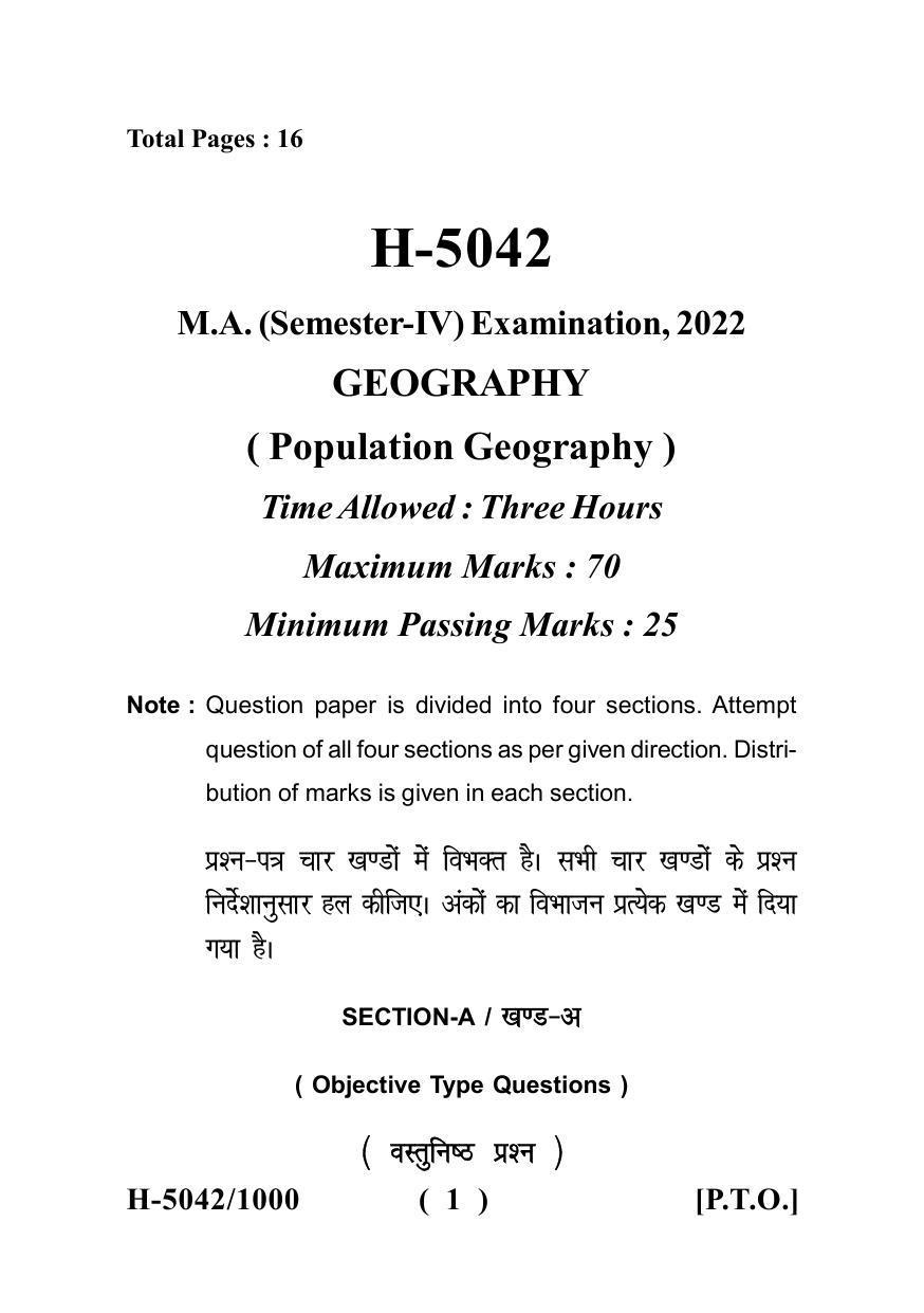 Sarguja University Question Paper - 2022 : M.A. In Geography (Fourth sem.) Population Geography Paper 1 - Page 1