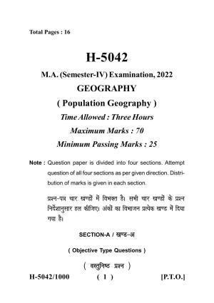 Sarguja University Question Paper - 2022 :   M.A. In Geography (Fourth sem.) Population Geography Paper 1
