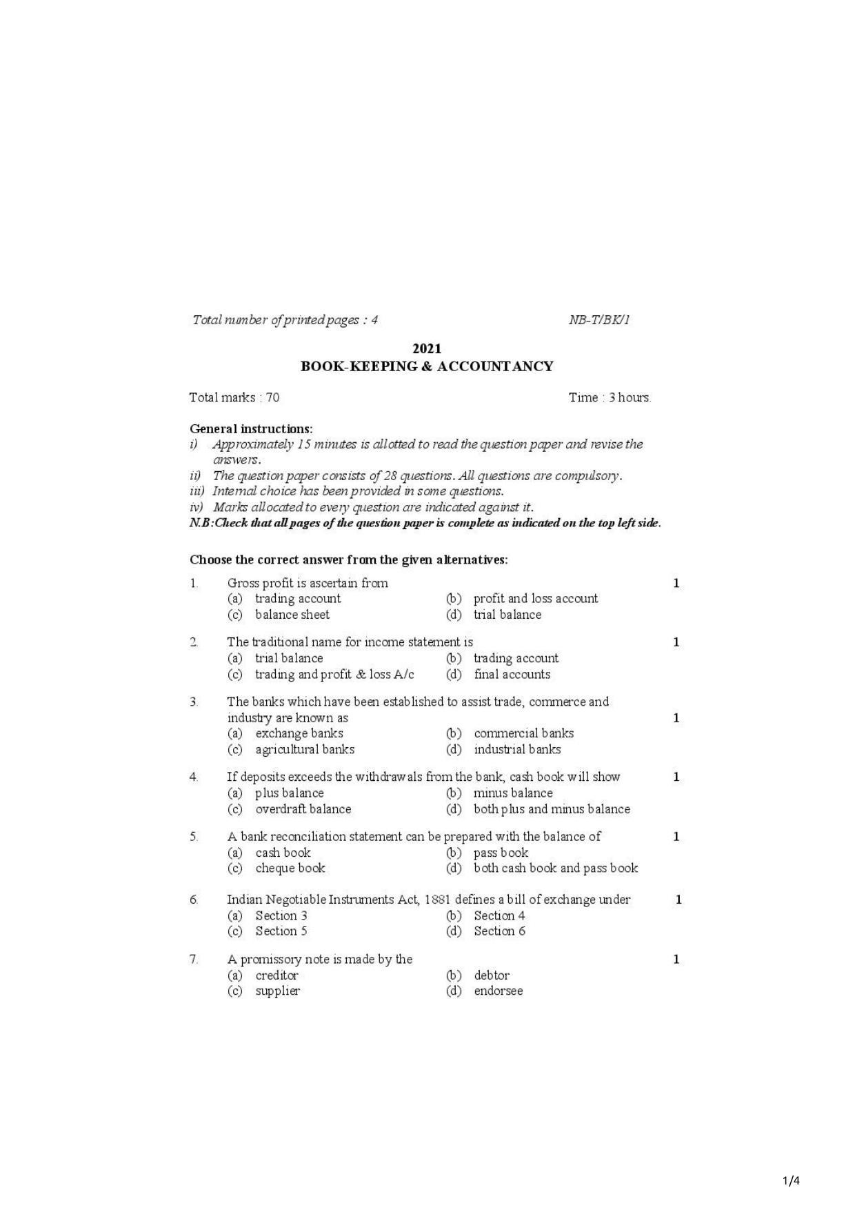 Nagaland Board Class 10 Accountacy 2021 Question Paper - Page 1
