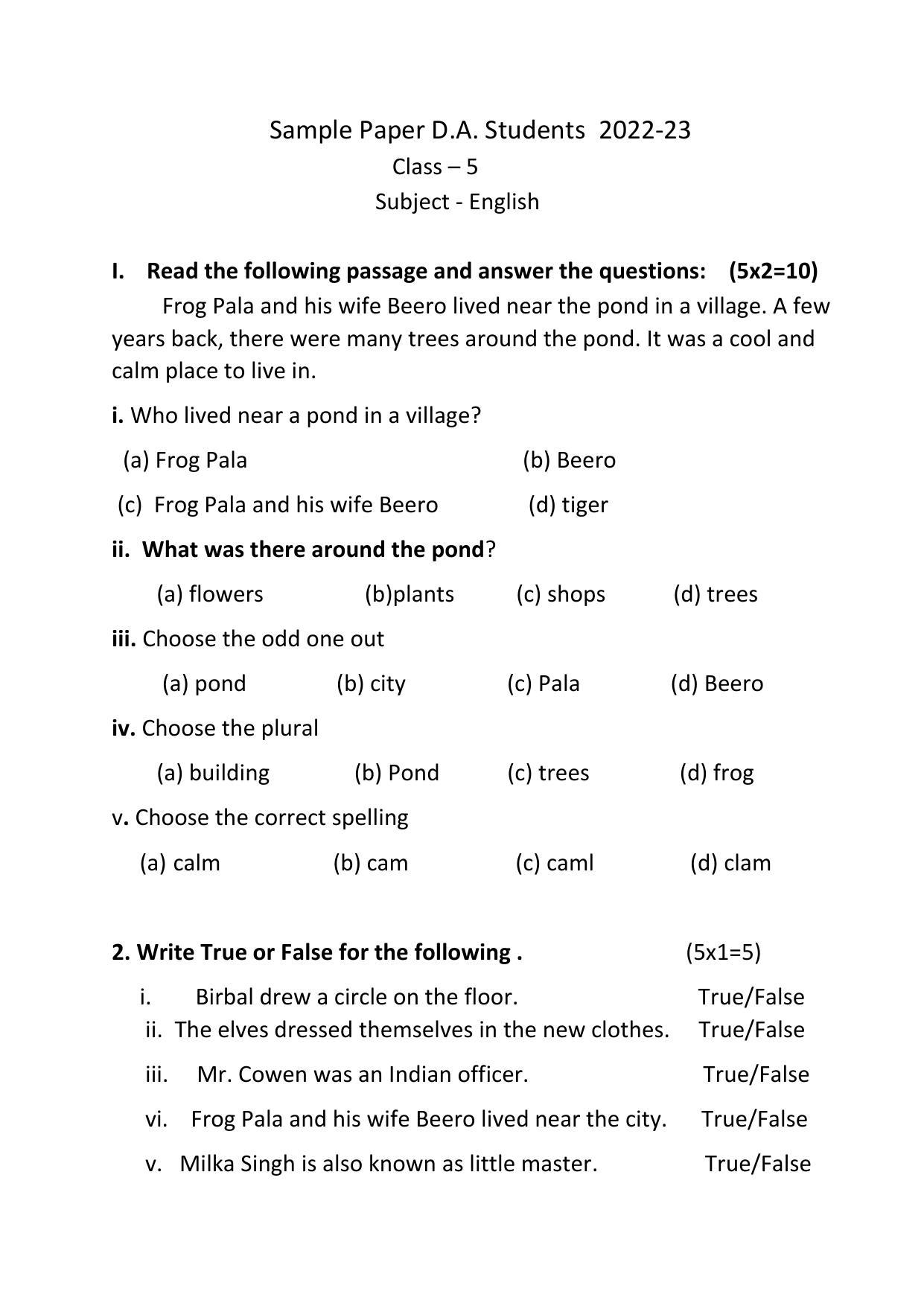 PSEB Class 5 English (DA Students) Model Papers - Page 1