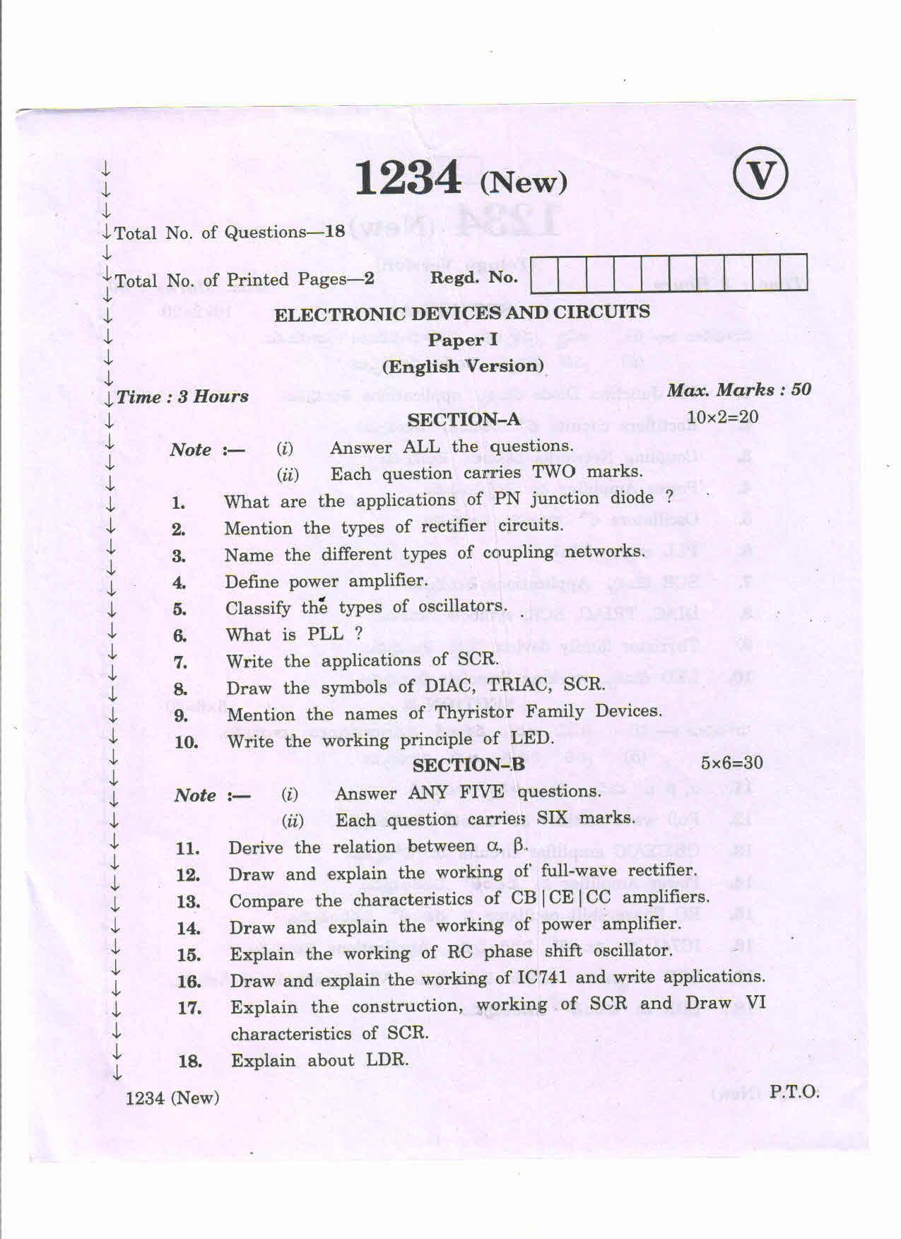 AP Inter 2nd Year Vocational Question Paper March - 2020 - Electronic Devices Circuits-I - Page 1