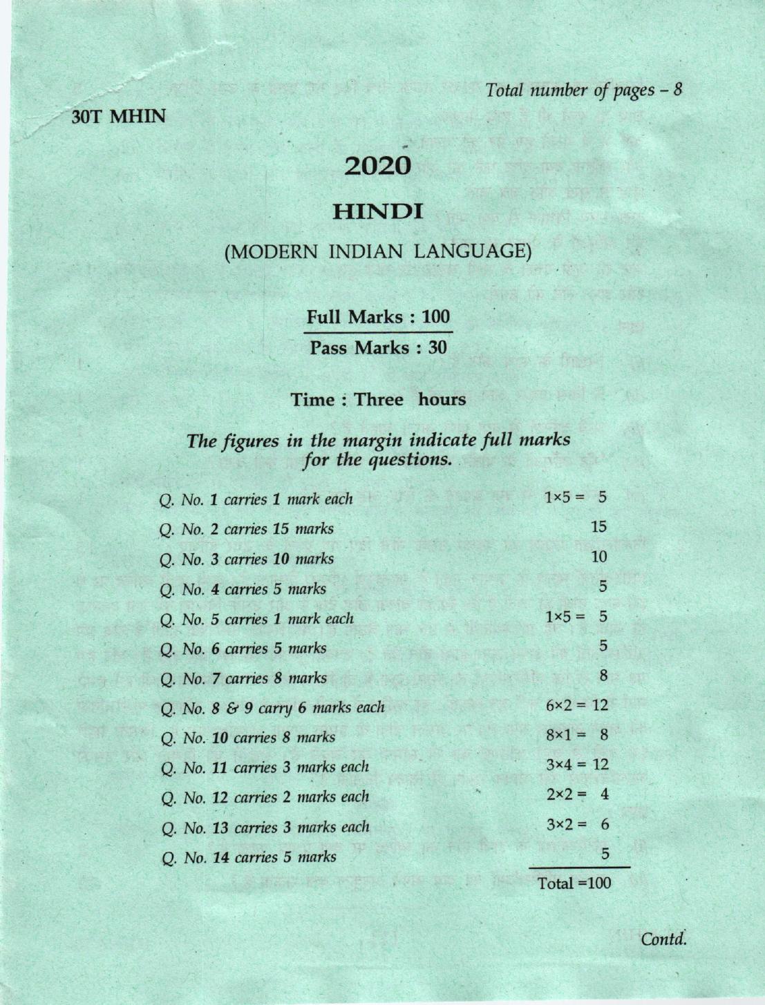 Assam HS 2nd Year Hindi MIL 2020 Question Paper - Page 1
