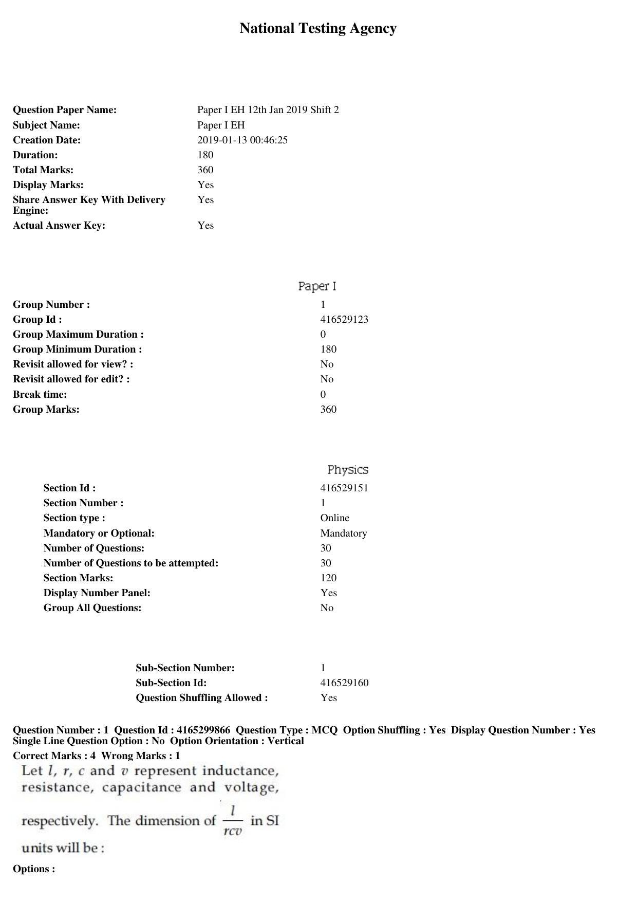 JEE Main 2019 Paper I Question Paper (12th Jan 2019 Shift 2) - Page 1