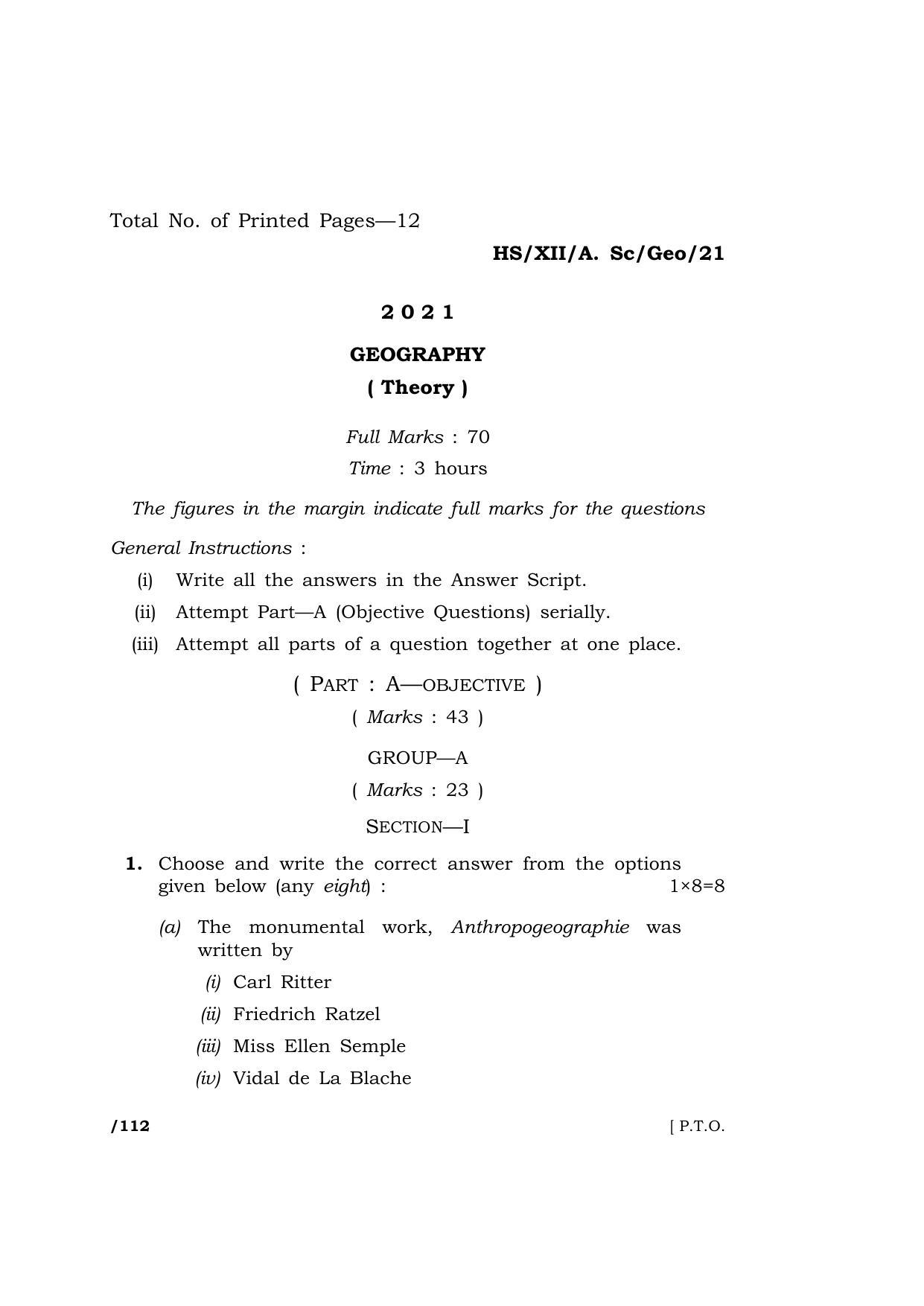 Meghalaya Board (MBOSE) Class 12 GEOGRAPHY  (HS-XII-A. Sc-Geo-21) 2021 Question Paper - Page 1