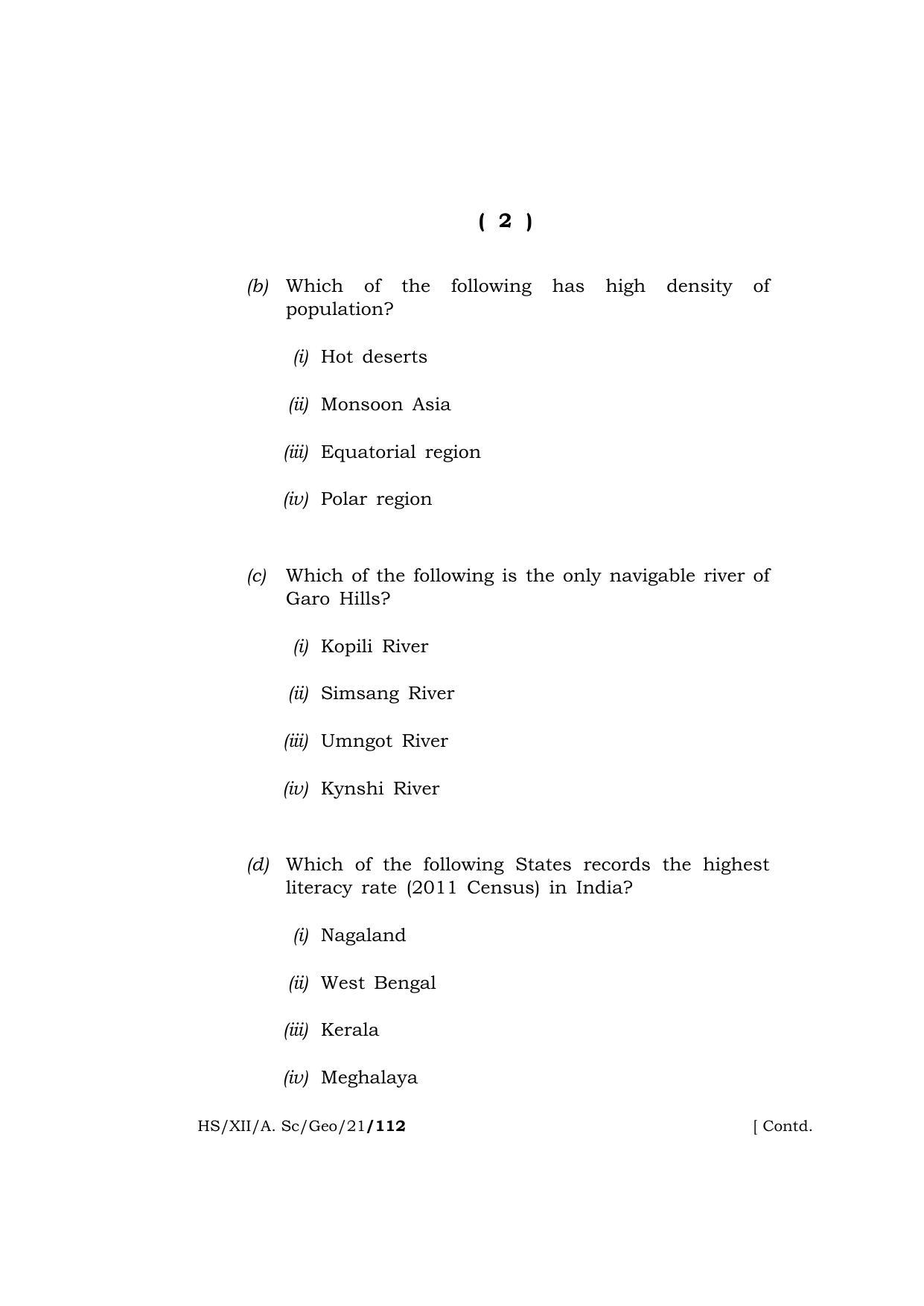 Meghalaya Board (MBOSE) Class 12 GEOGRAPHY  (HS-XII-A. Sc-Geo-21) 2021 Question Paper - Page 2