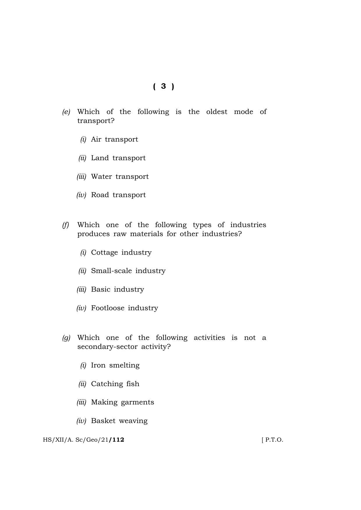 Meghalaya Board (MBOSE) Class 12 GEOGRAPHY  (HS-XII-A. Sc-Geo-21) 2021 Question Paper - Page 3