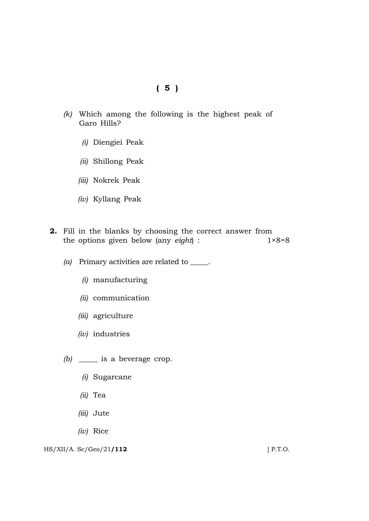 Meghalaya Board (MBOSE) Class 12 GEOGRAPHY  (HS-XII-A. Sc-Geo-21) 2021 Question Paper - Page 5