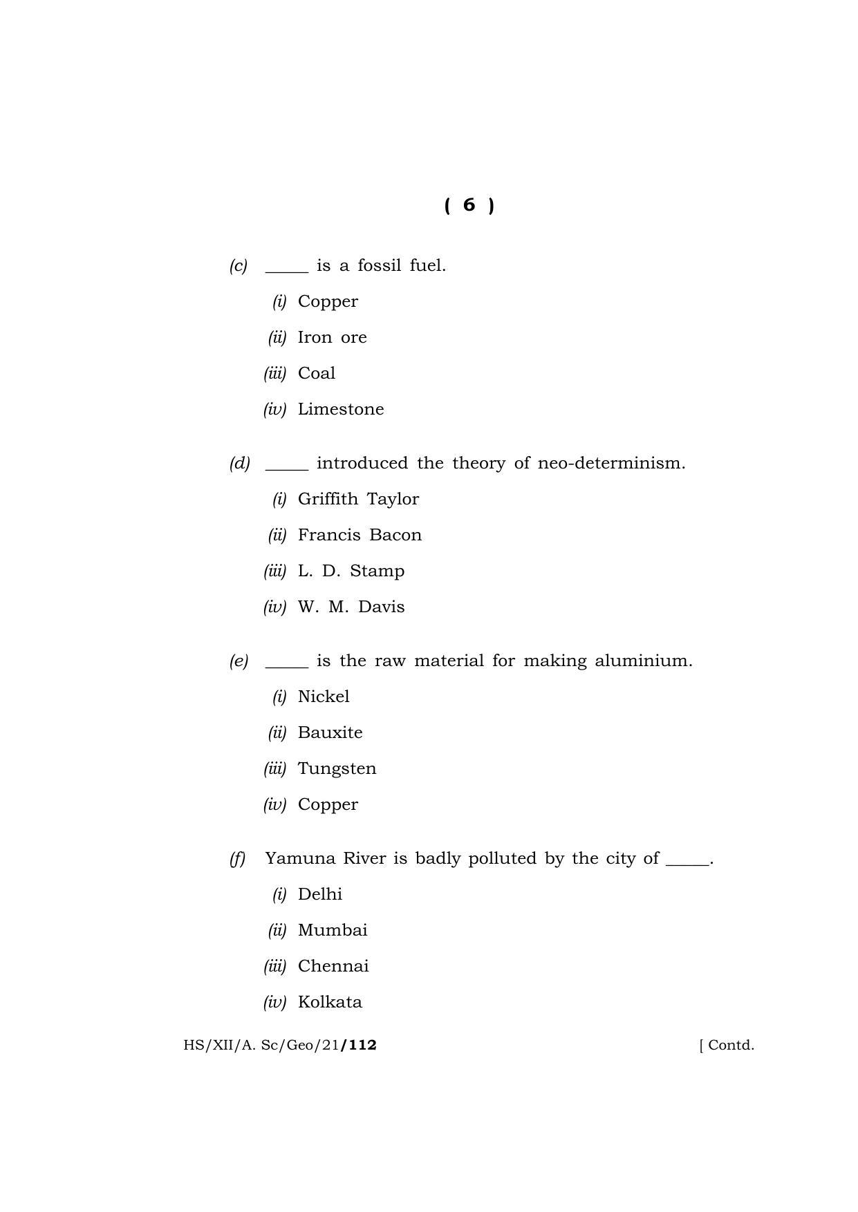 Meghalaya Board (MBOSE) Class 12 GEOGRAPHY  (HS-XII-A. Sc-Geo-21) 2021 Question Paper - Page 6