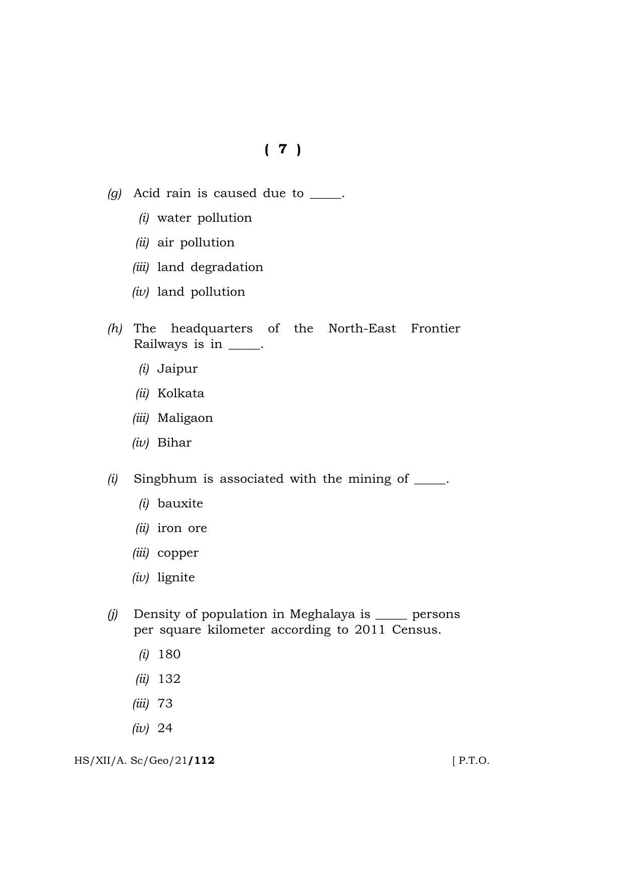 Meghalaya Board (MBOSE) Class 12 GEOGRAPHY  (HS-XII-A. Sc-Geo-21) 2021 Question Paper - Page 7