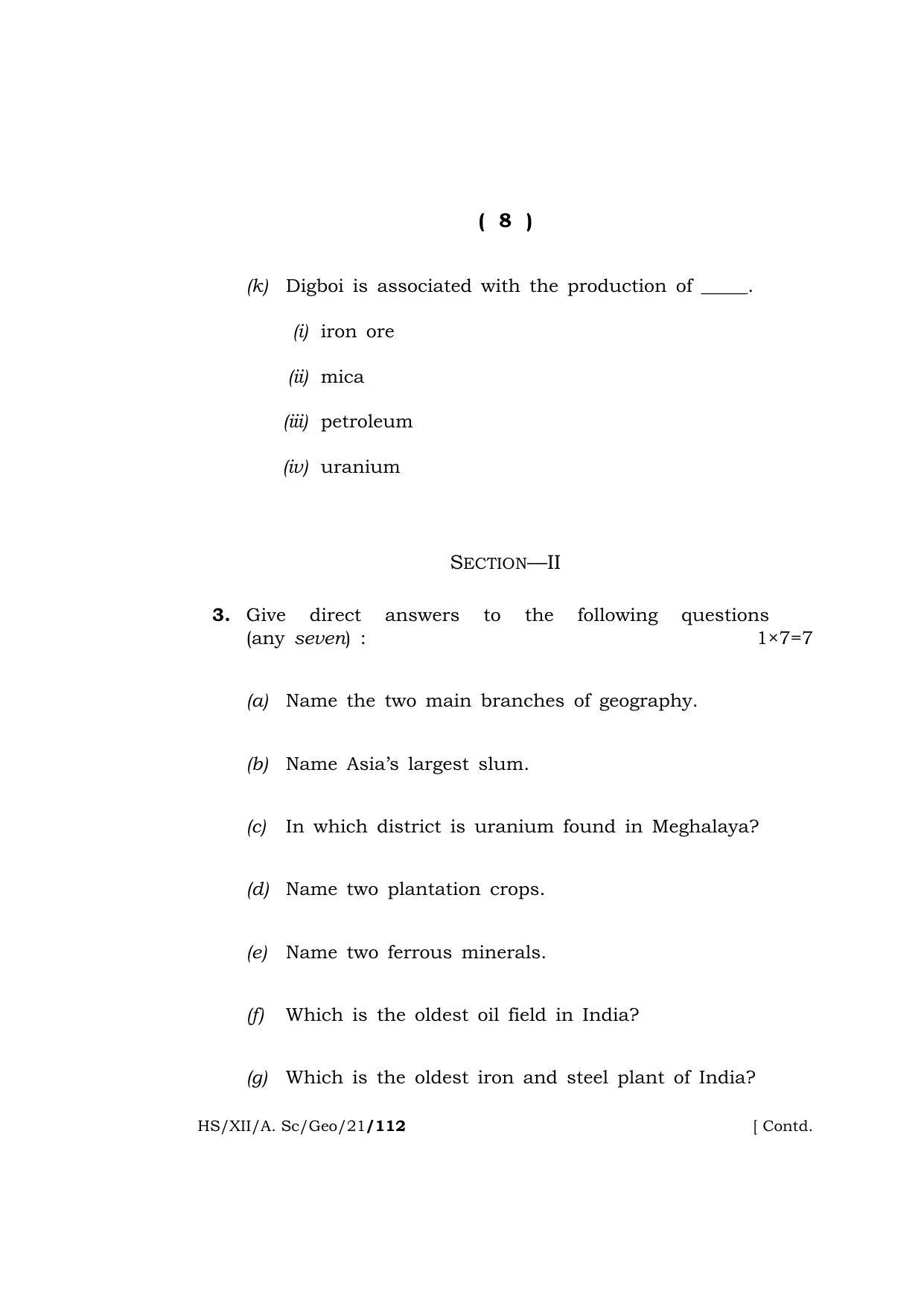 Meghalaya Board (MBOSE) Class 12 GEOGRAPHY  (HS-XII-A. Sc-Geo-21) 2021 Question Paper - Page 8