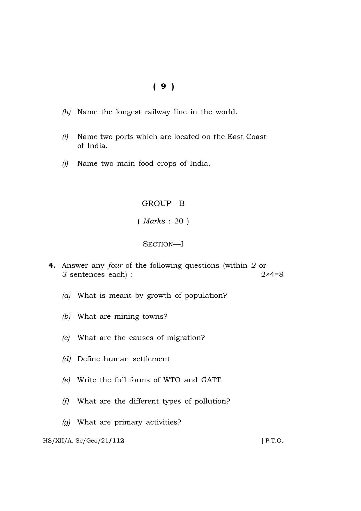 Meghalaya Board (MBOSE) Class 12 GEOGRAPHY  (HS-XII-A. Sc-Geo-21) 2021 Question Paper - Page 9