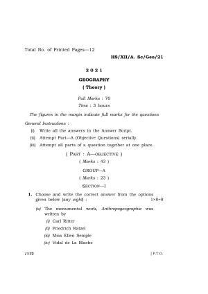 Meghalaya Board (MBOSE) Class 12 GEOGRAPHY  (HS-XII-A. Sc-Geo-21) 2021 Question Paper