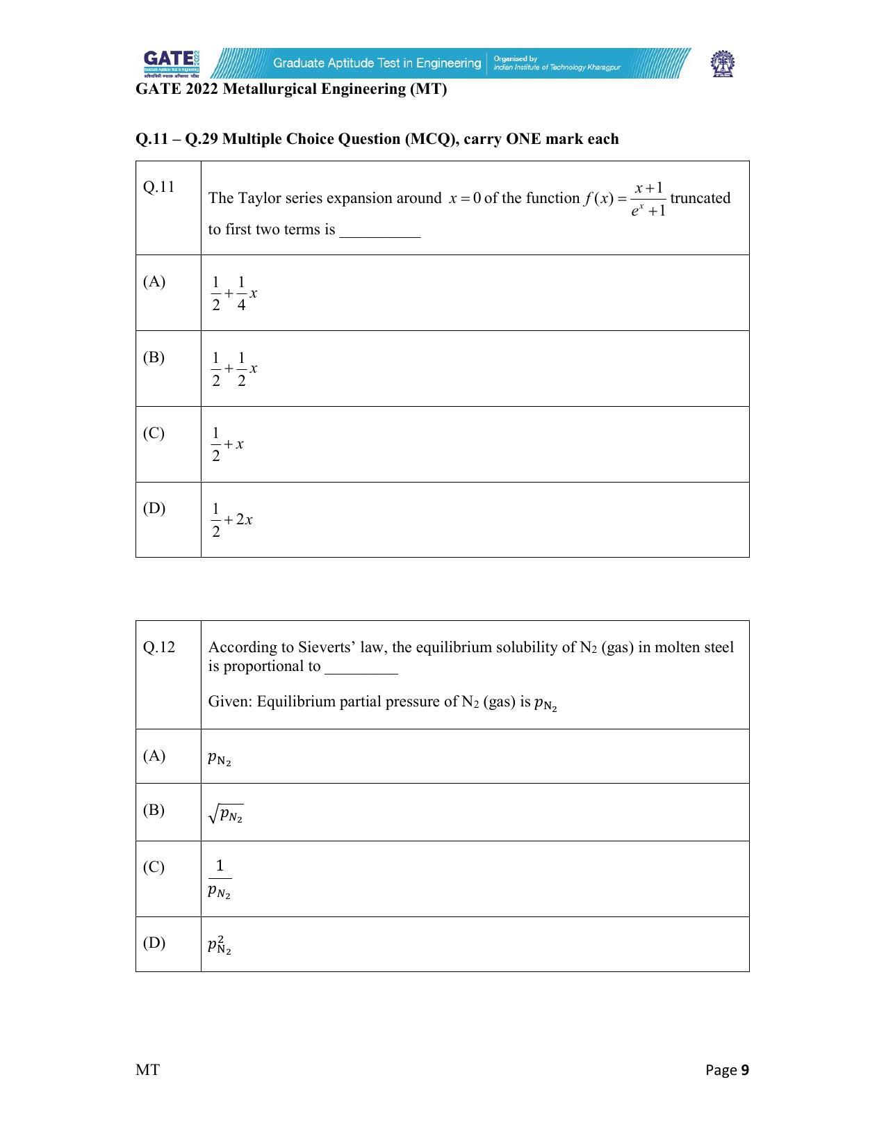 GATE 2022 Metallurgical Engineering (MT) Question Paper - Page 9