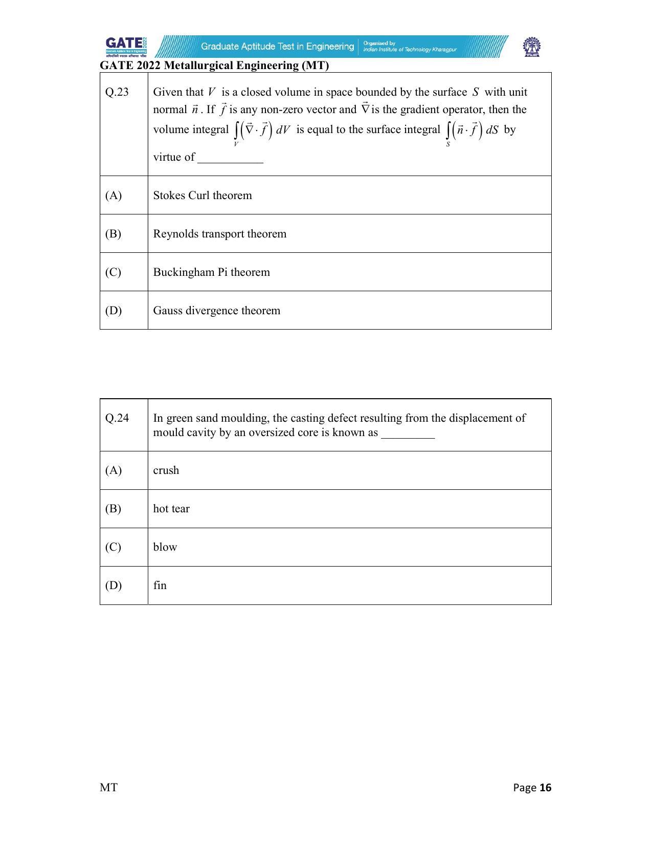 GATE 2022 Metallurgical Engineering (MT) Question Paper - Page 16
