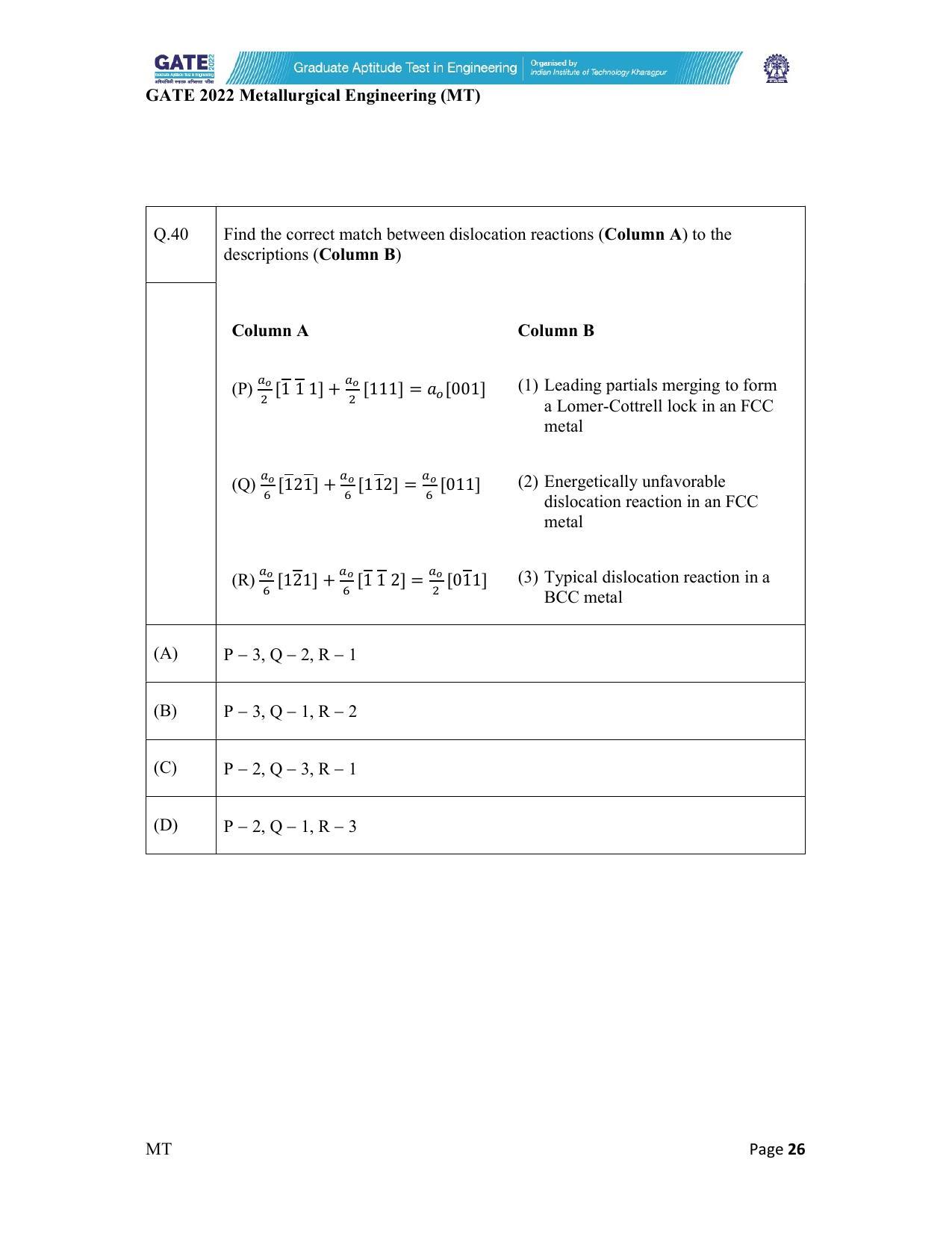GATE 2022 Metallurgical Engineering (MT) Question Paper - Page 26