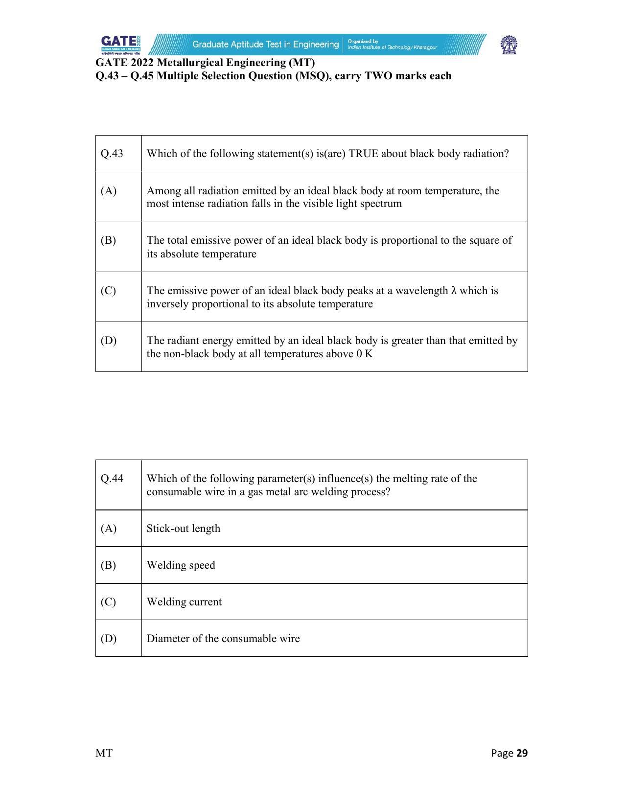 GATE 2022 Metallurgical Engineering (MT) Question Paper - Page 29