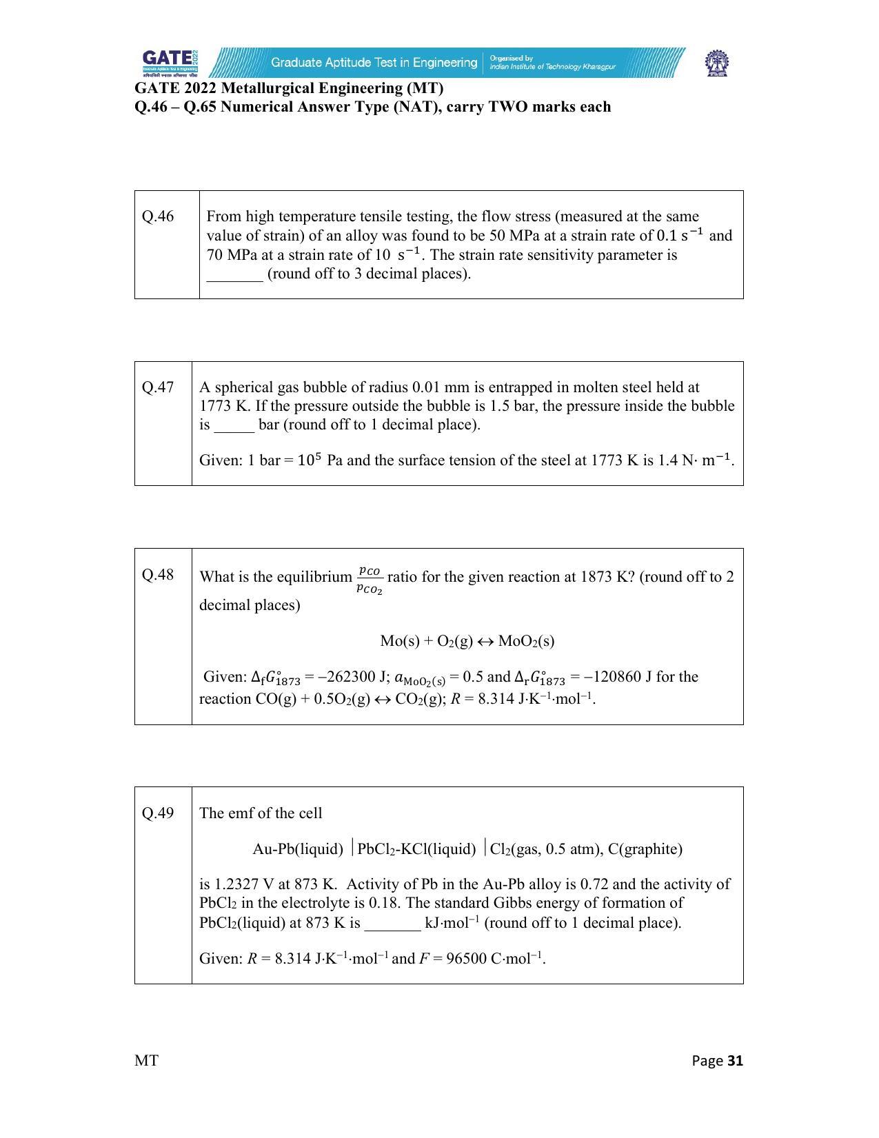 GATE 2022 Metallurgical Engineering (MT) Question Paper - Page 31
