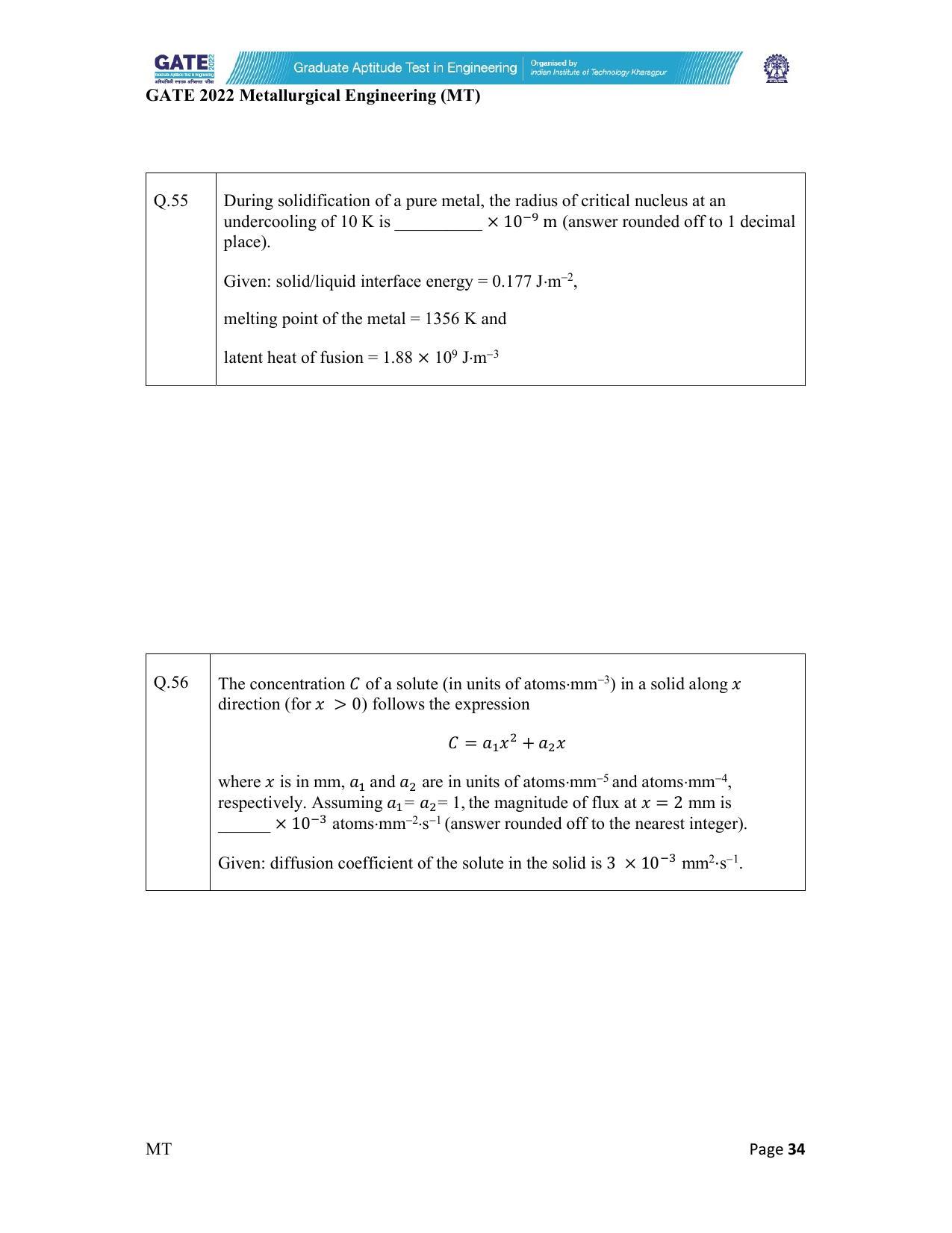 GATE 2022 Metallurgical Engineering (MT) Question Paper - Page 34