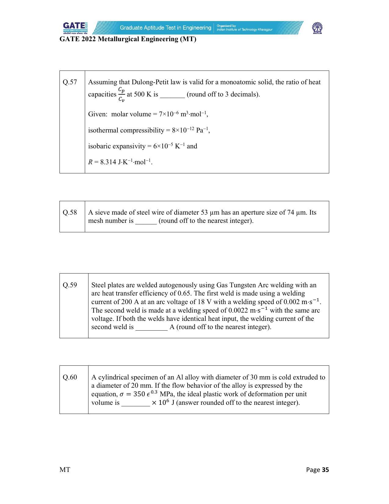 GATE 2022 Metallurgical Engineering (MT) Question Paper - Page 35