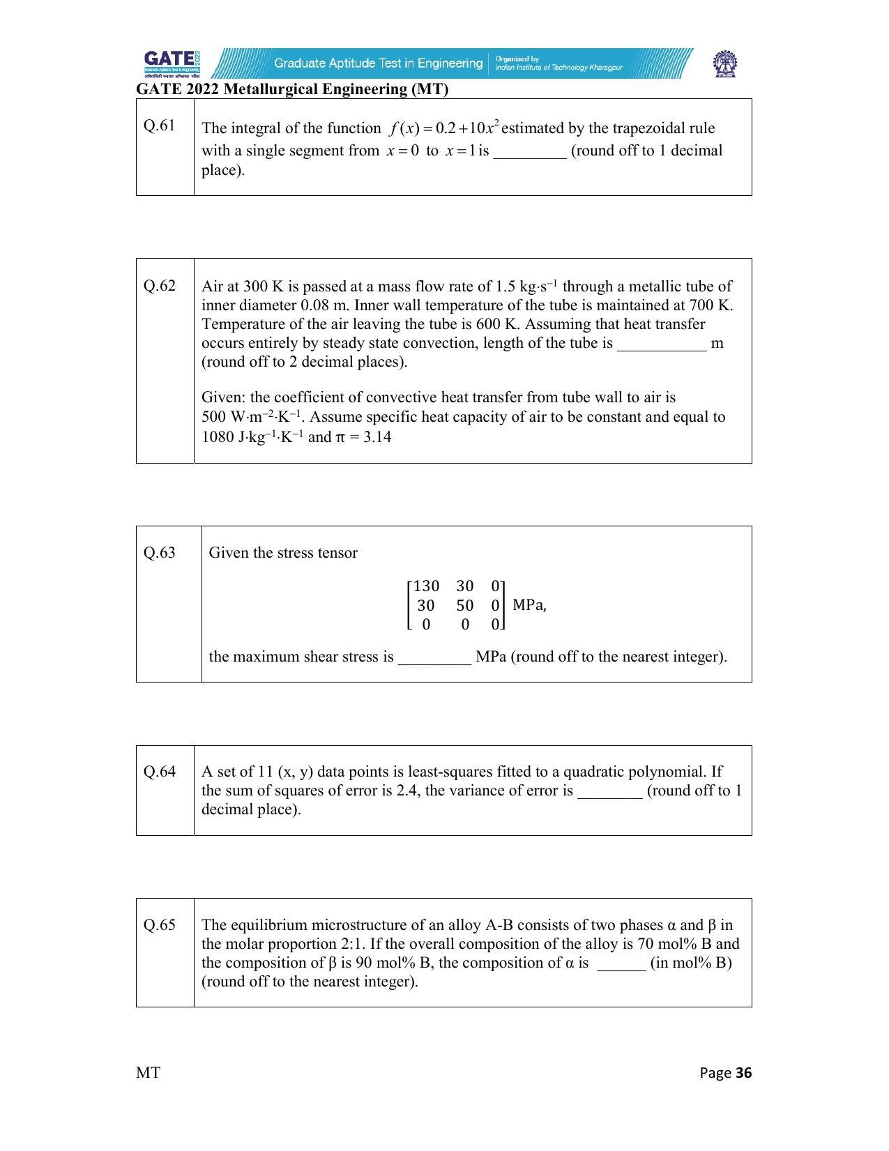 GATE 2022 Metallurgical Engineering (MT) Question Paper - Page 36