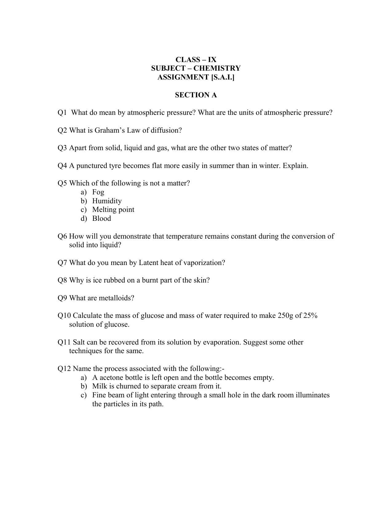 CBSE Worksheets for Class 9 Chemistry Assignment 9 - Page 1