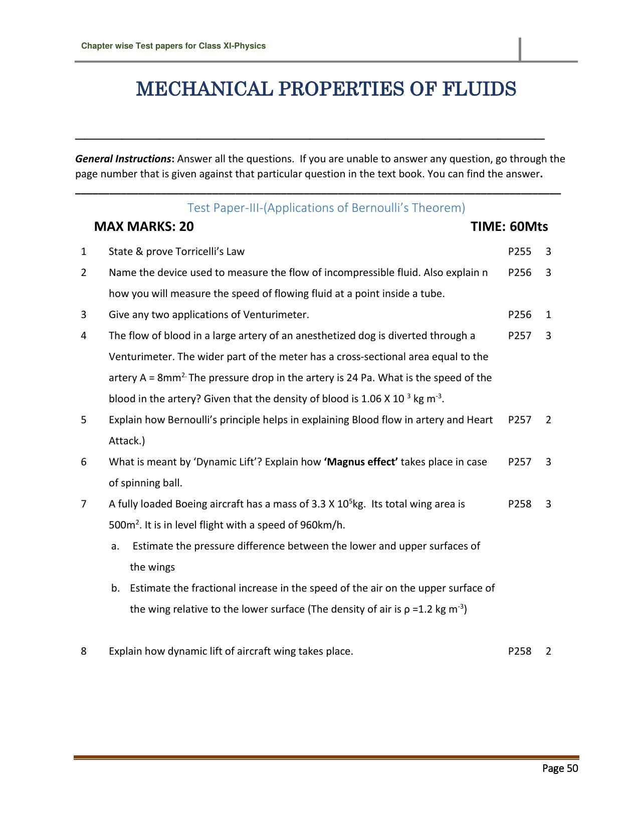 CBSE Worksheets for Class 11 Physics Mechanical Properties of Fluids Assignment 4 - Page 1