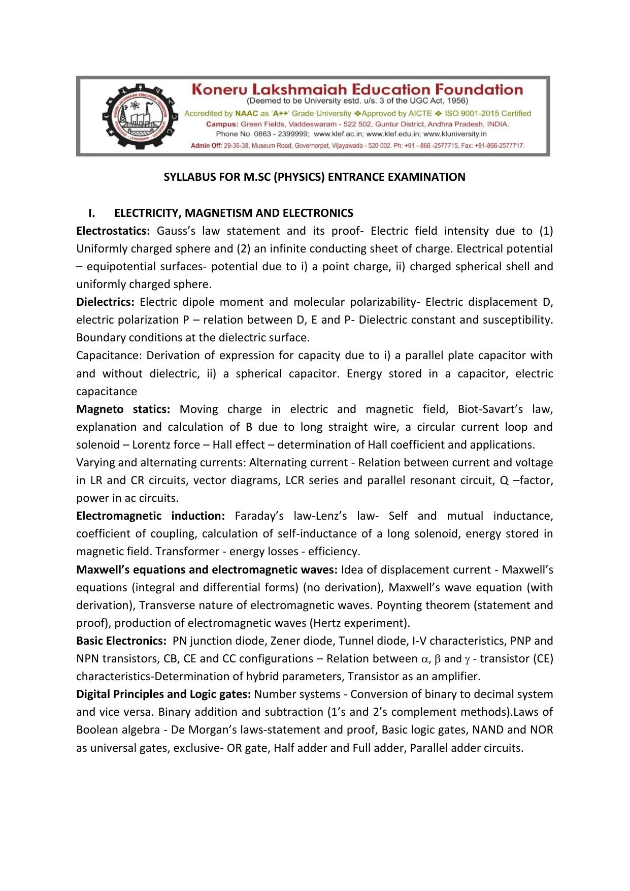 KLEEE M.SC (Nano Science and Technology) Syllabus - Page 1