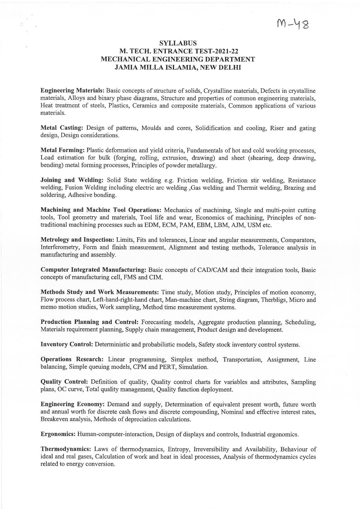JMI Entrance Exam M48-M.Tech (Mechanical Engineering: Machine Design / Mechanical Engineering: Thermal Engineering / Mechanical Engineering: Production & Industrial Engineering) Syllabus - Page 1