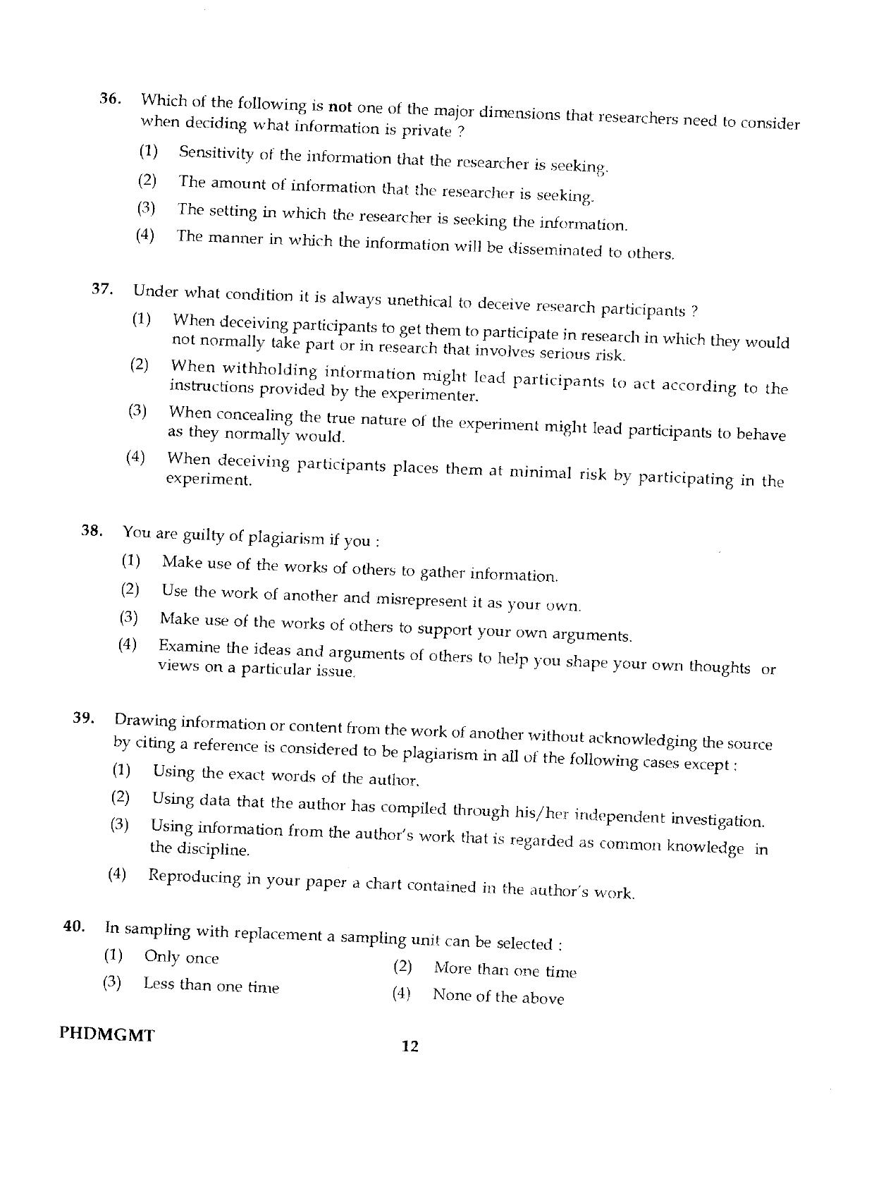 IGNOU PhD Entrance Test Ph.D./M.Phil (Management) 2019 Question Paper - Page 12