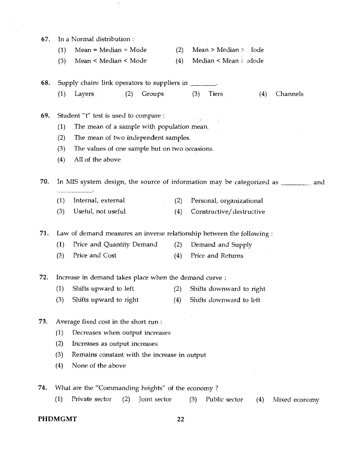IGNOU PhD Entrance Test Ph.D./M.Phil (Management) 2019 Question Paper - Page 22