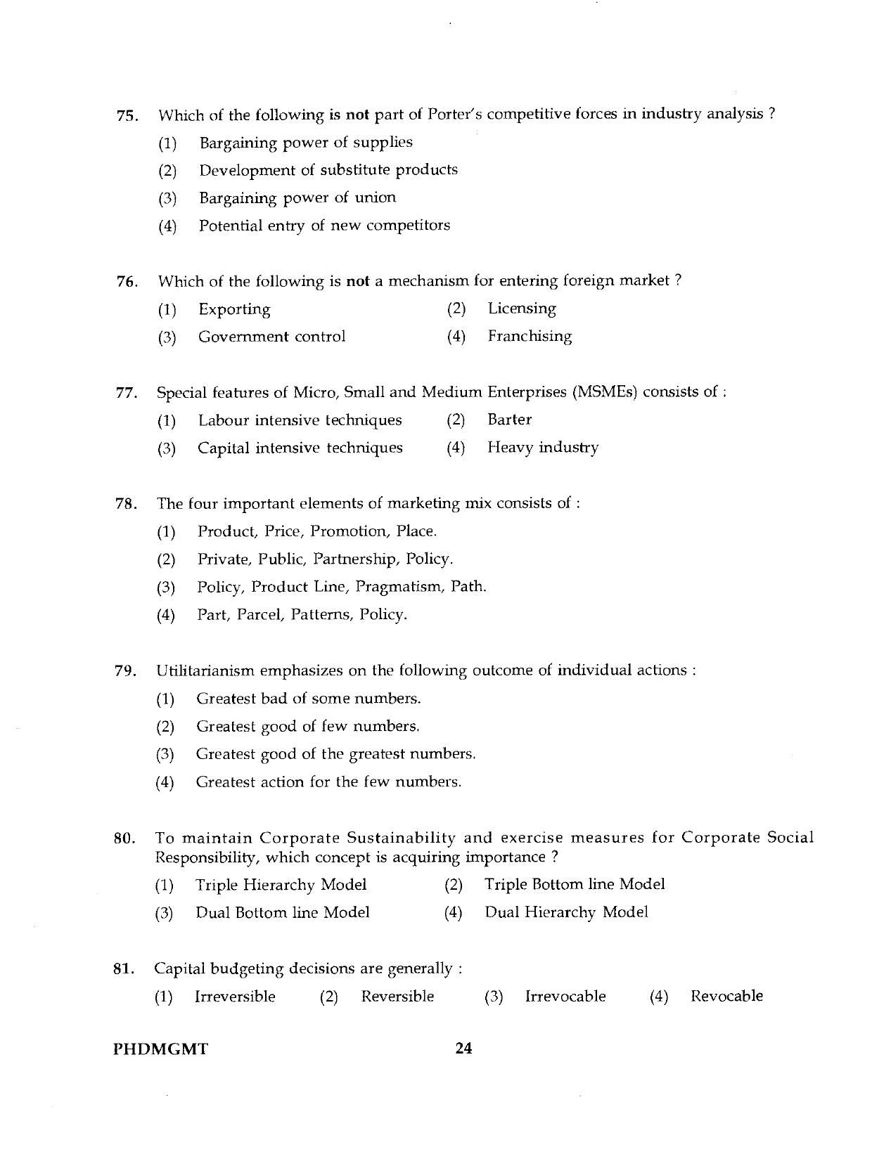 IGNOU PhD Entrance Test Ph.D./M.Phil (Management) 2019 Question Paper - Page 24