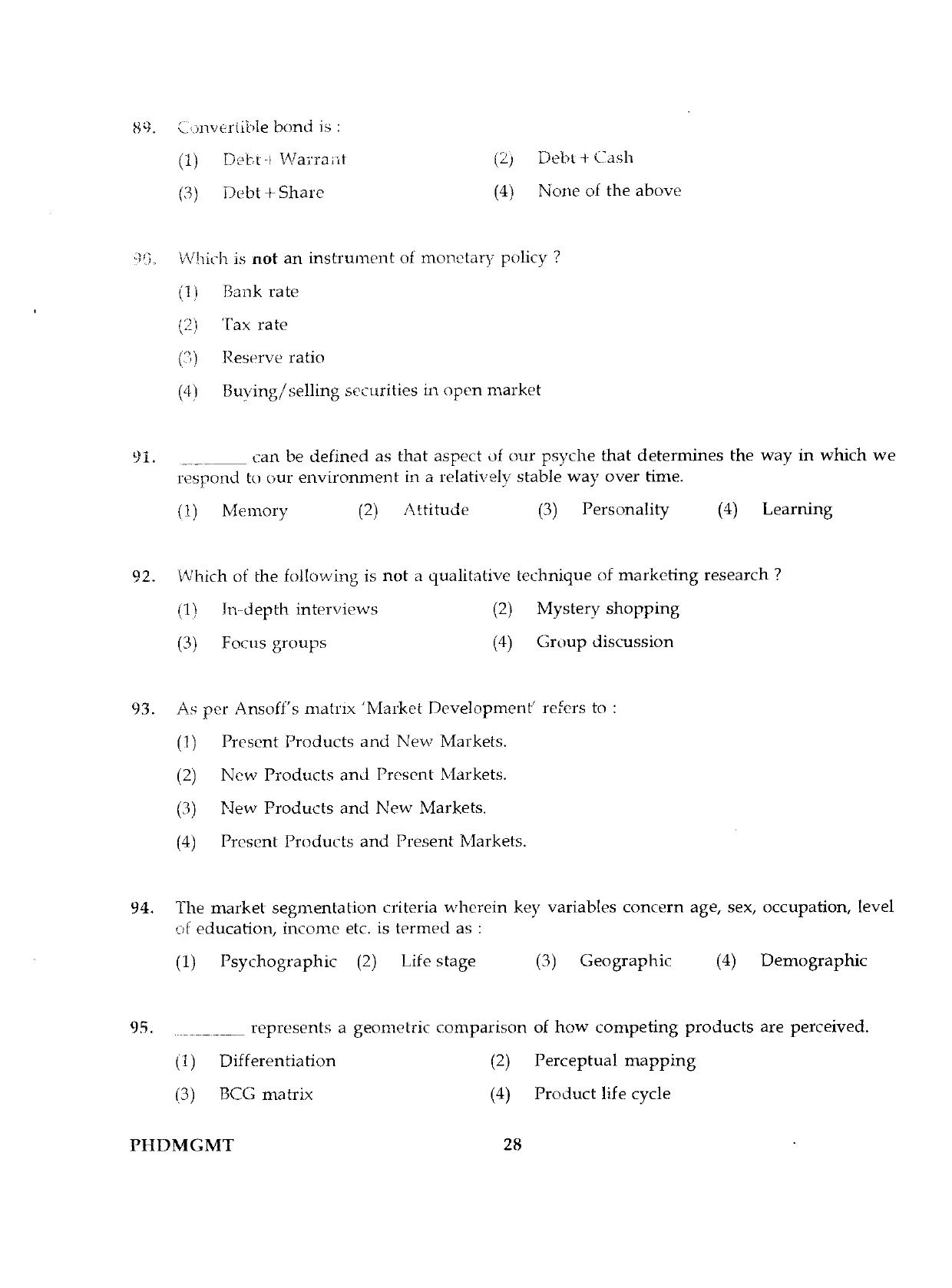 IGNOU PhD Entrance Test Ph.D./M.Phil (Management) 2019 Question Paper - Page 28