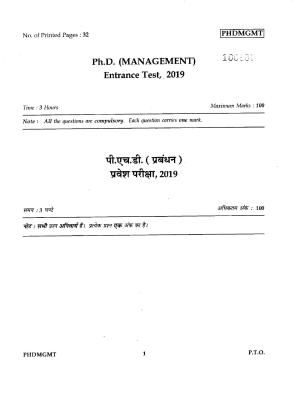 IGNOU PhD Entrance Test Ph.D./M.Phil (Management) 2019 Question Paper