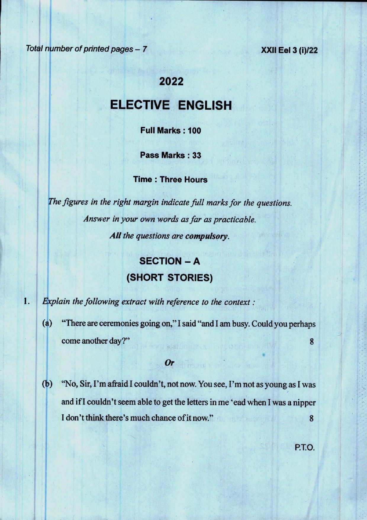 COHSEM 12th Question Papers 2022 Elective English - Page 1