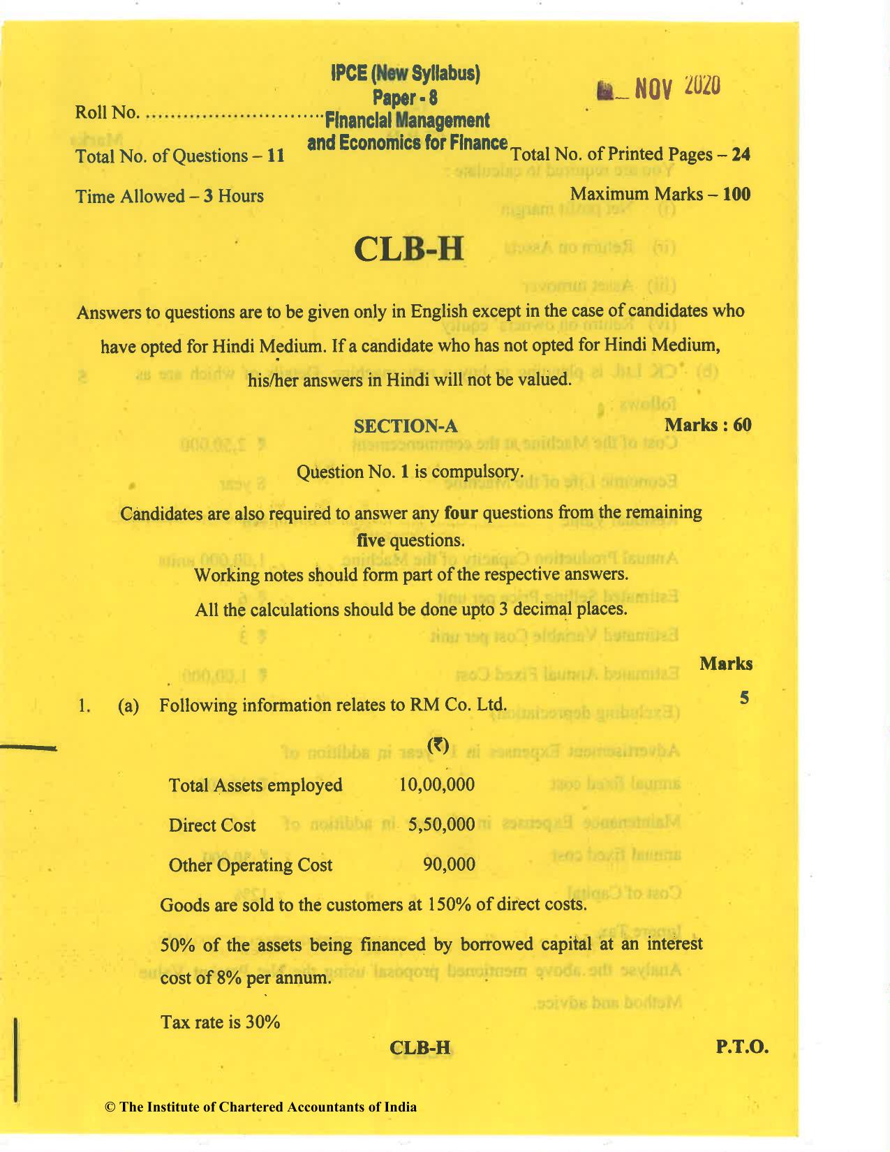 CA Inter Nov 2020 Question Paper - Paper 8 – Financial Management & Economics for Finance - Page 1