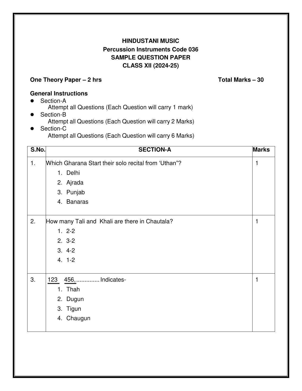 CBSE Class 12 Hindustani Music (Percussion) Sample Question Paper 2024-25 - Page 1