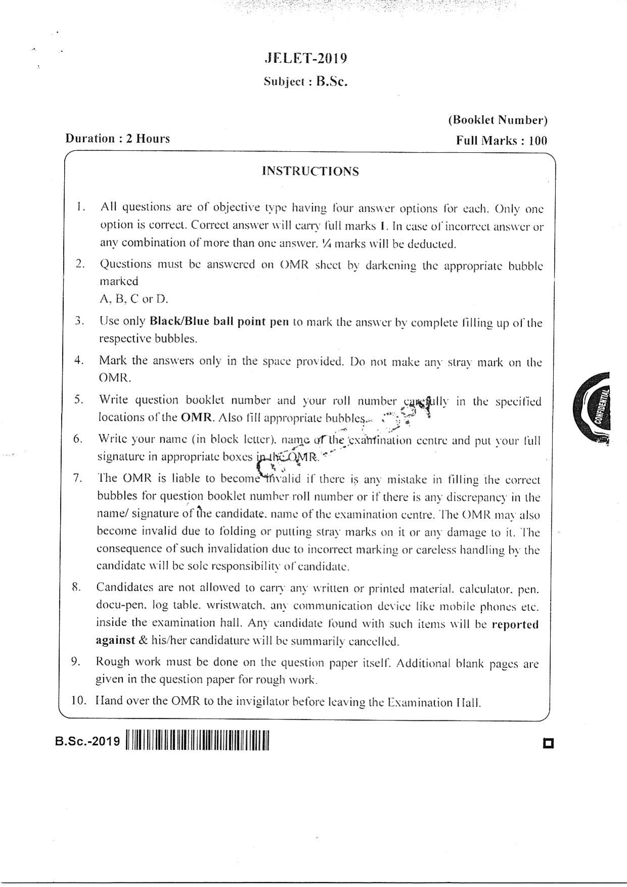 WBJEE  JELET 2019 ( BSc ) - Page 1