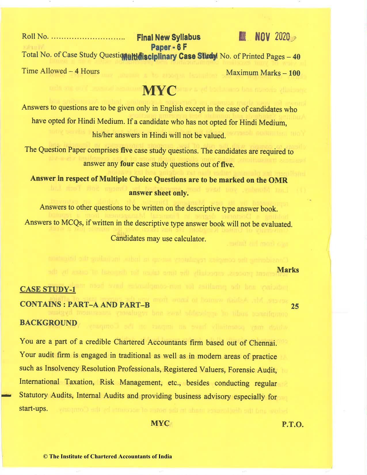 CA Final Nov 2020 Question Paper - Paper 6F – Multidisciplinary Case Study - Page 1