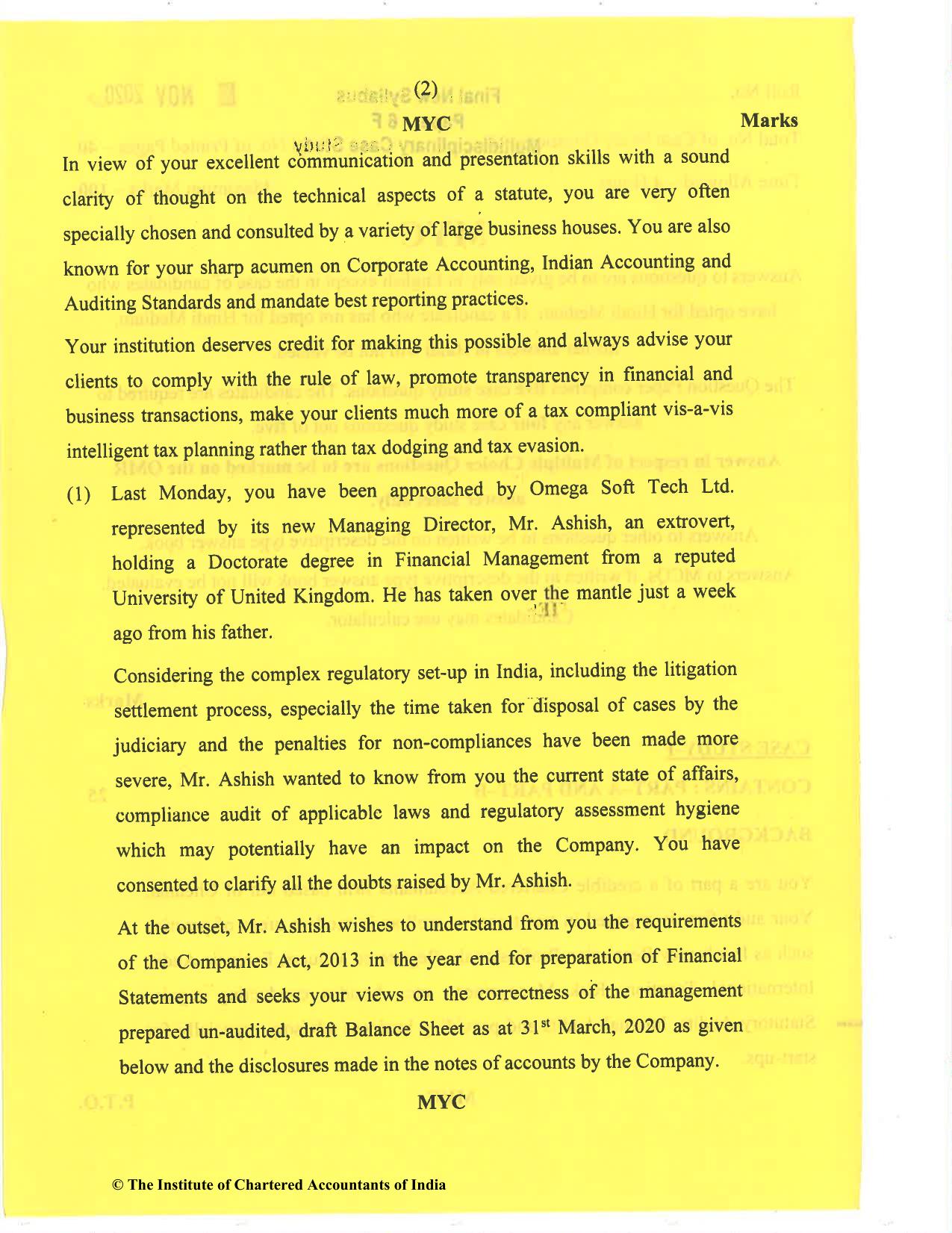 CA Final Nov 2020 Question Paper - Paper 6F – Multidisciplinary Case Study - Page 2
