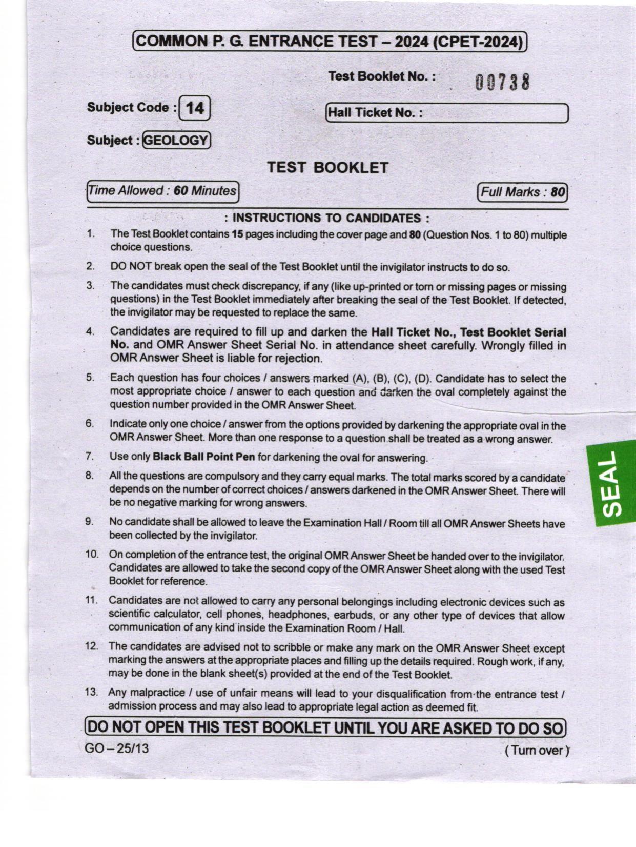 Odisha CPET 2024 GEOLOGY Question Papers - Page 1