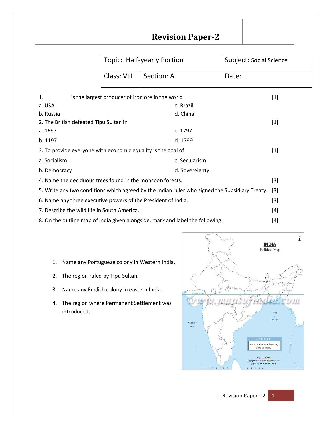 CBSE Worksheets for Class 8 Social Science Assignment 3 - Page 1