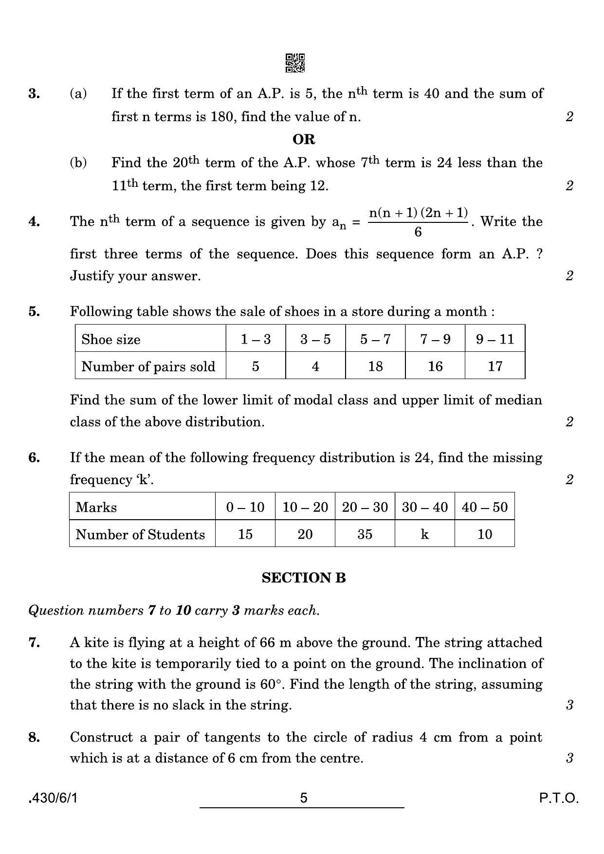 CBSE Class 10 430-6-1 Maths Basic 2022 Compartment Question Paper - Page 5
