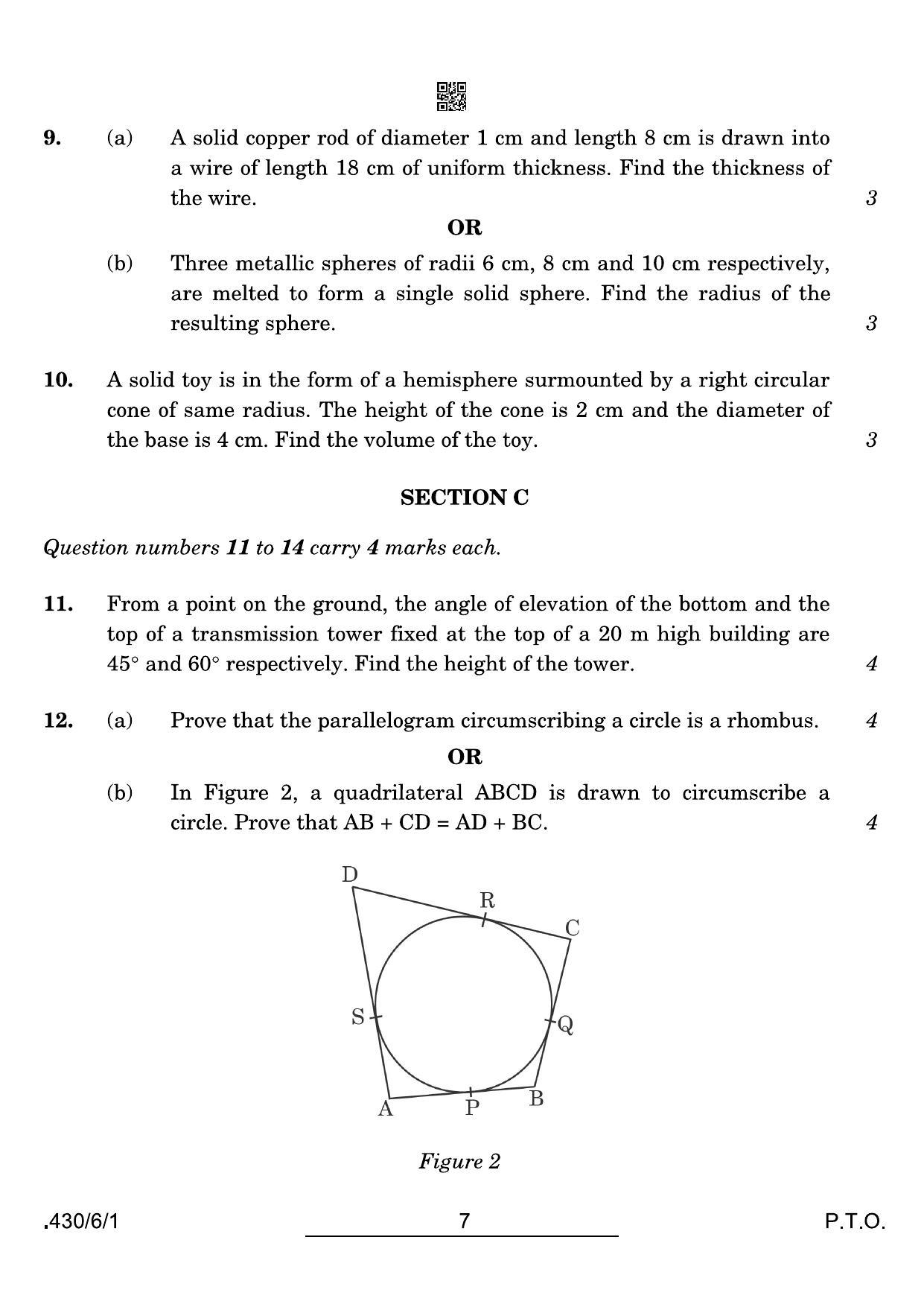 CBSE Class 10 430-6-1 Maths Basic 2022 Compartment Question Paper - Page 7